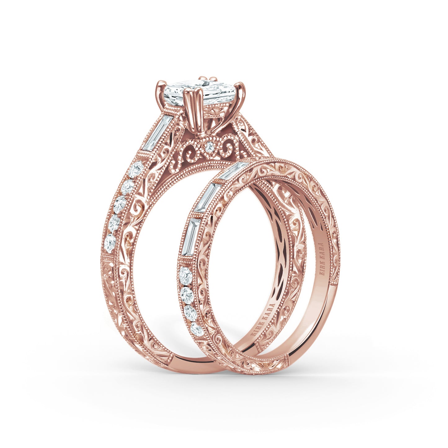 Baguette Engraved Diamond Engagement Ring
