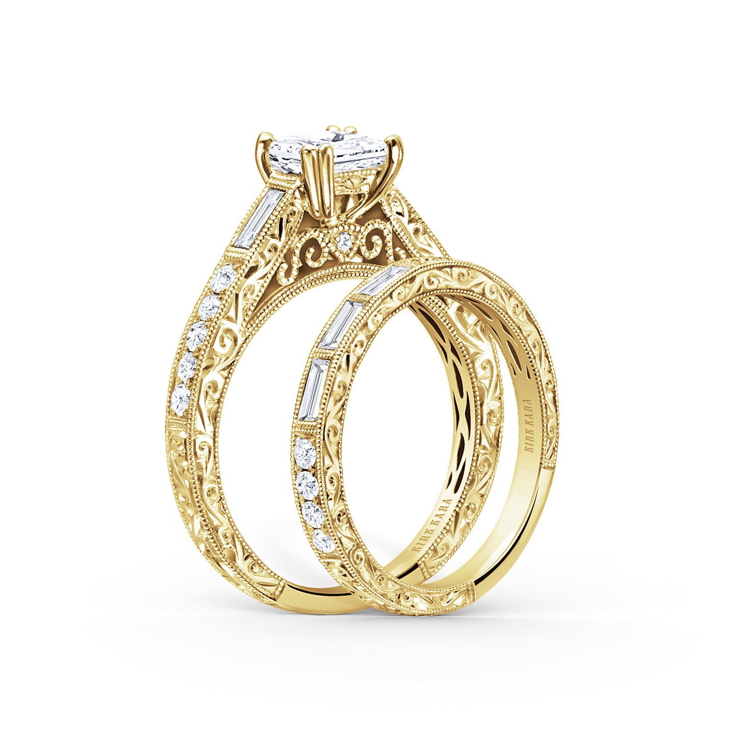 Baguette Engraved Diamond Engagement Ring
