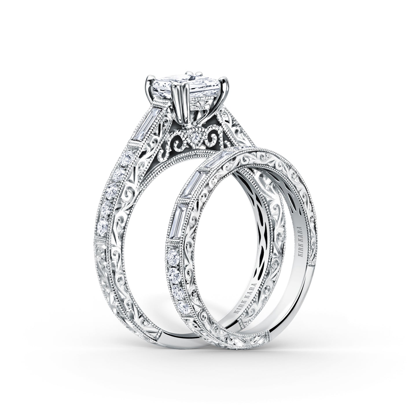 Baguette Engraved Diamond Engagement Ring