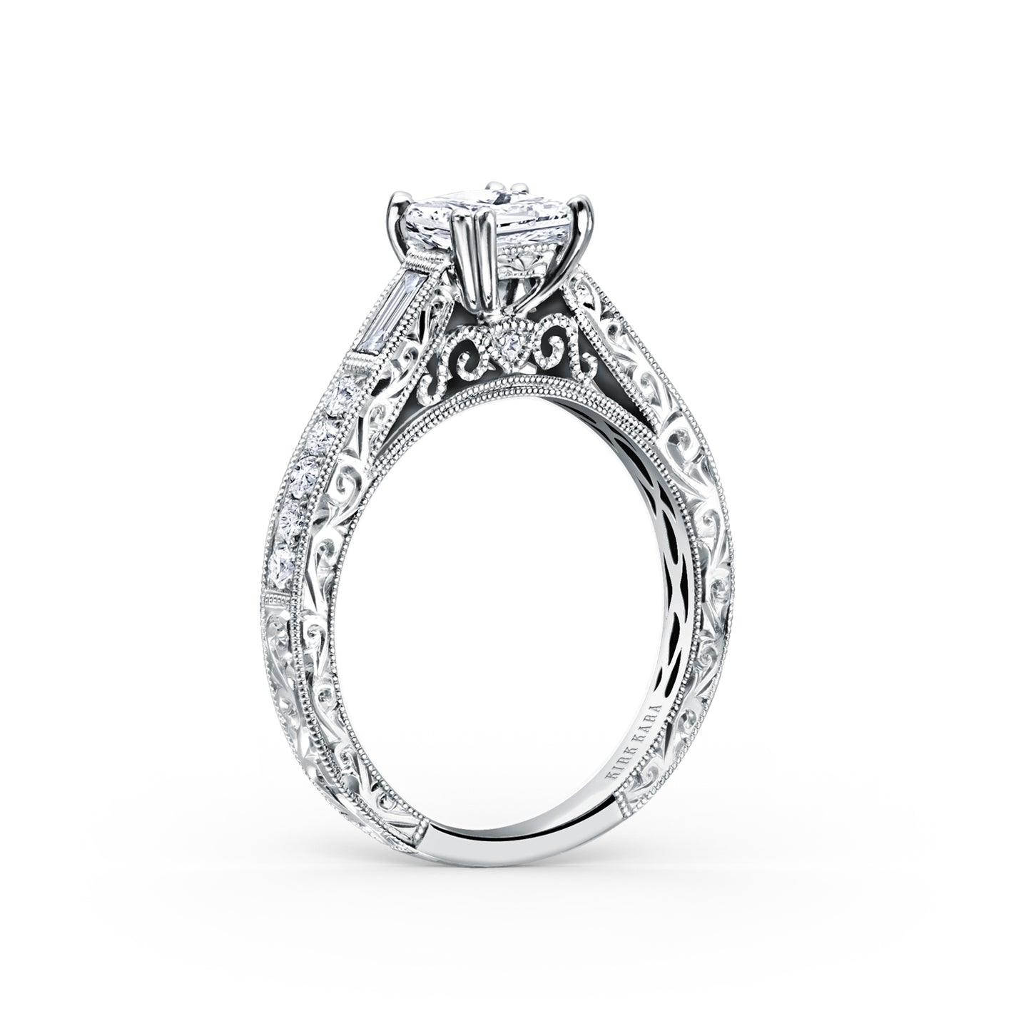 Baguette Engraved Diamond Engagement Ring