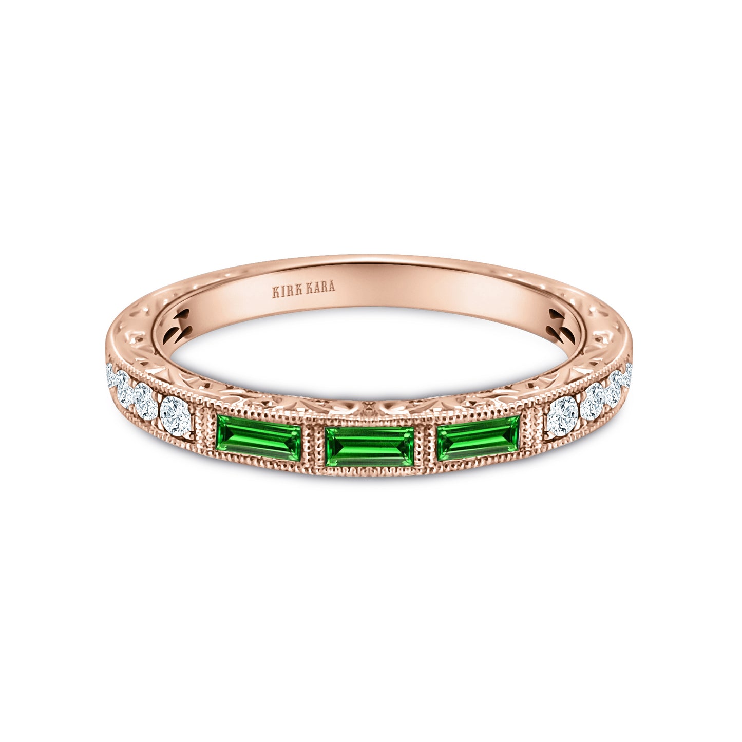 Baguette Engraved Tsavorite Diamond Wedding Band