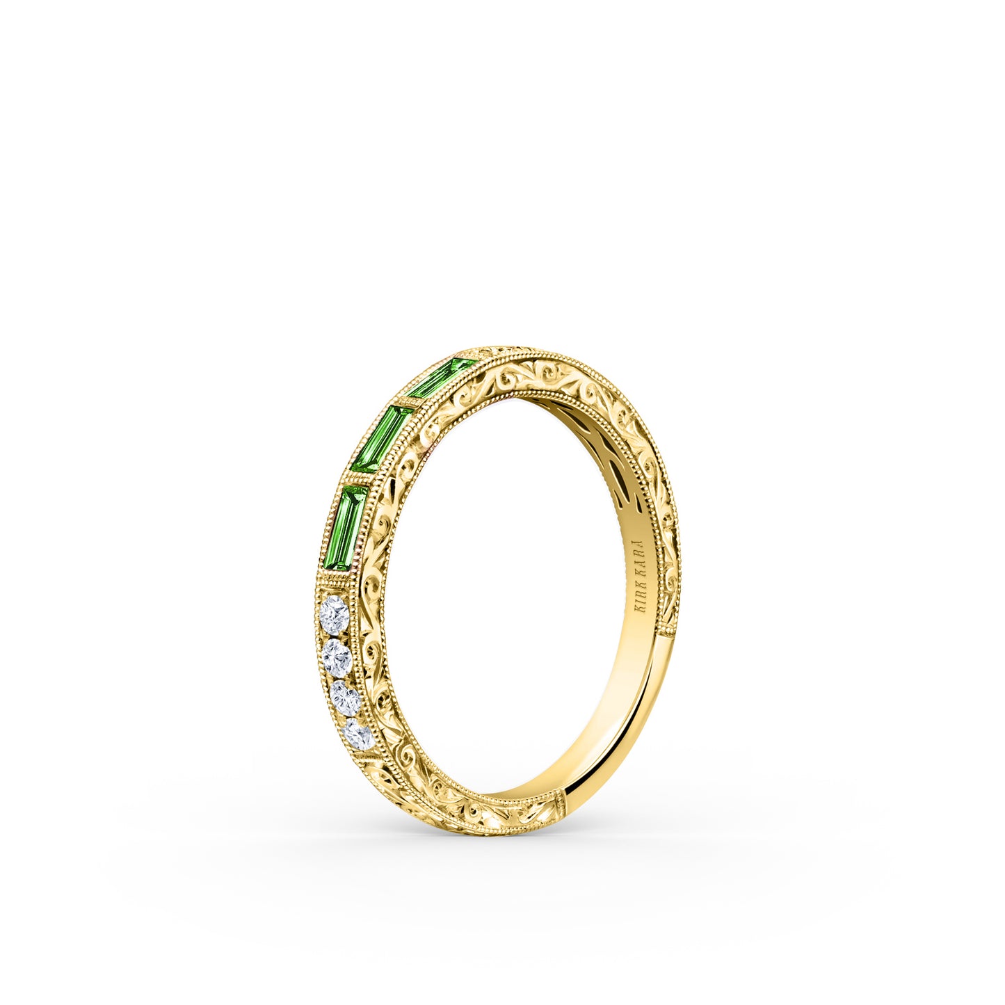 Baguette Engraved Tsavorite Diamond Wedding Band
