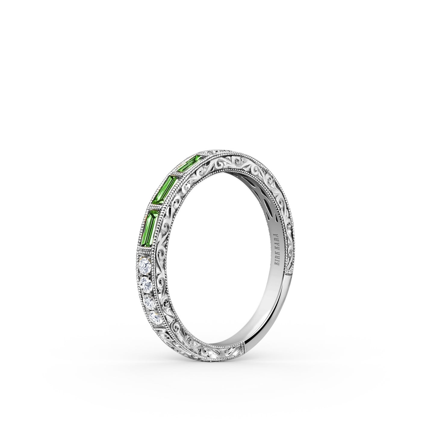 Baguette Engraved Tsavorite Diamond Wedding Band