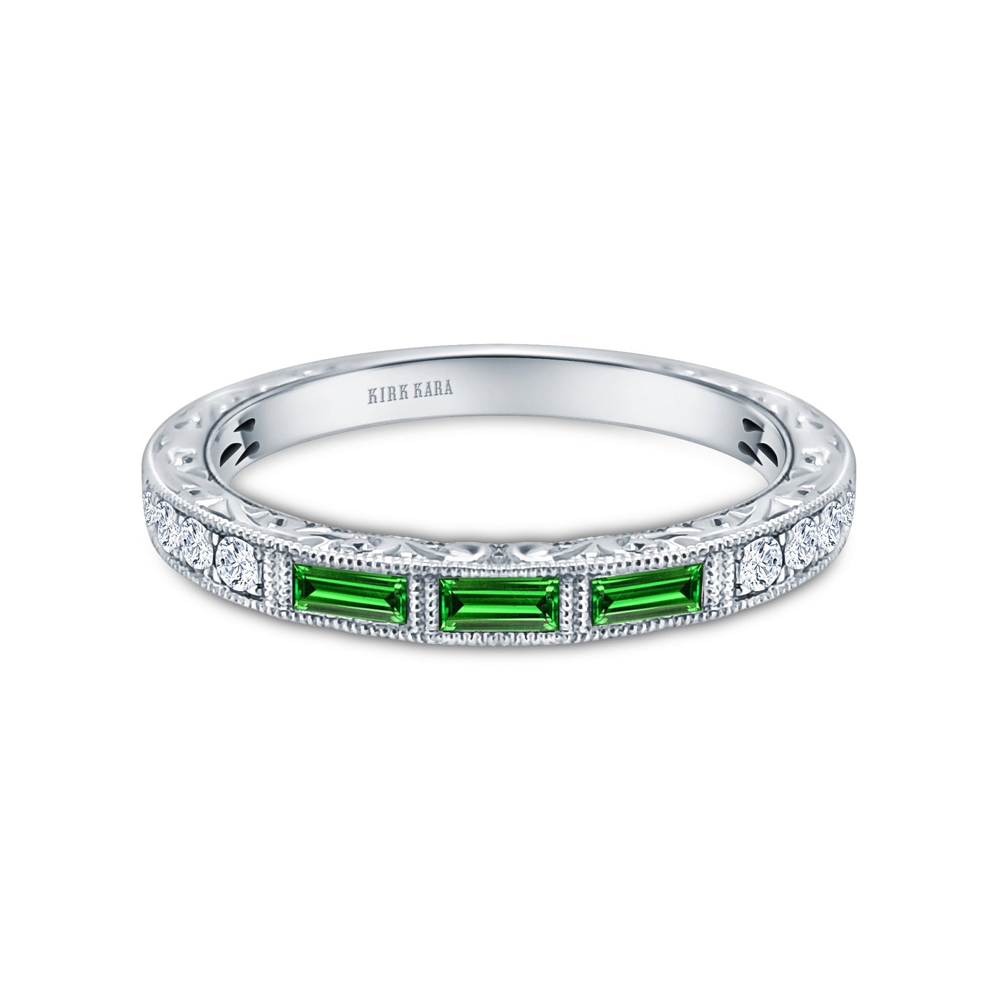 Baguette Engraved Tsavorite Diamond Wedding Band