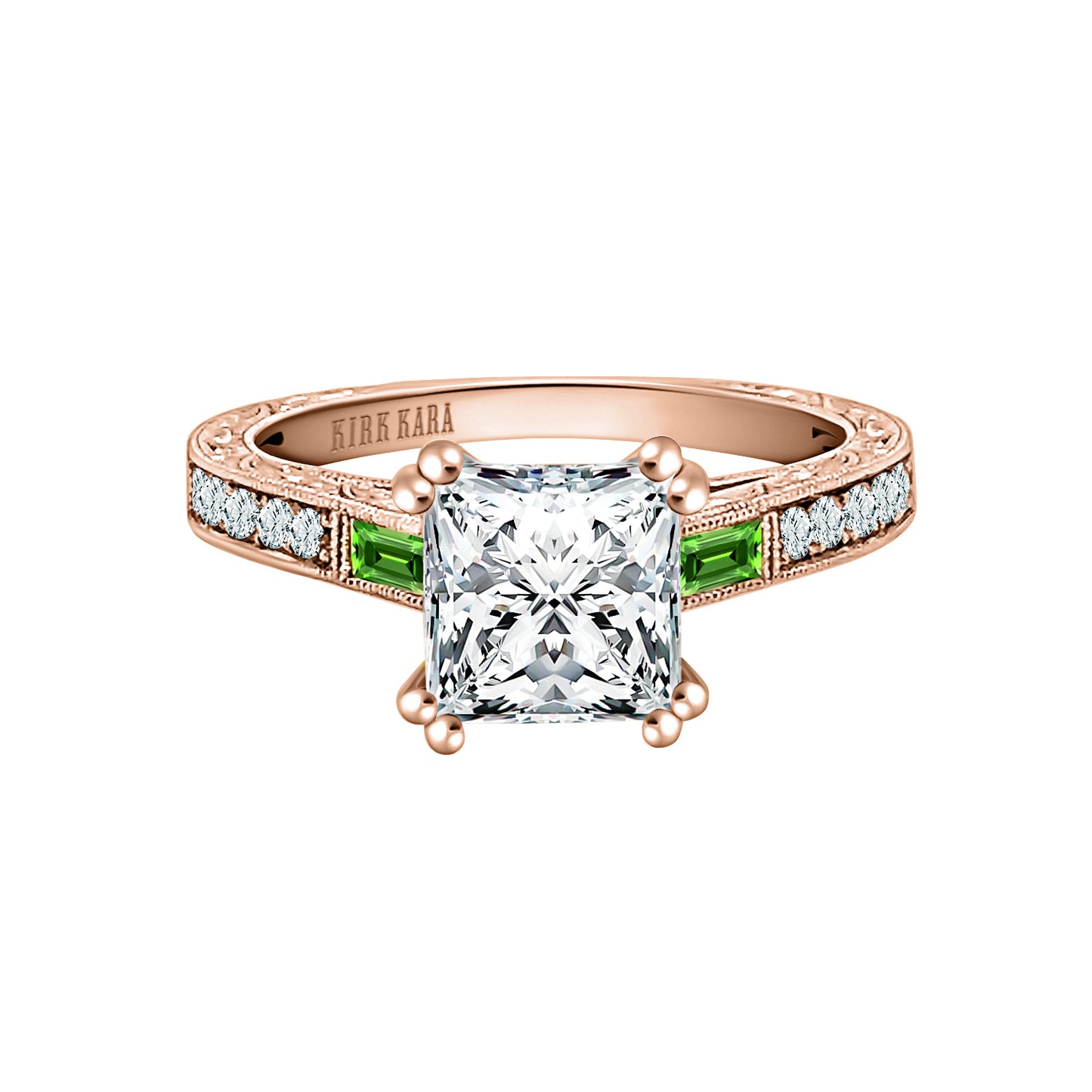 Baguette Engraved Tsavorite Diamond Engagement Ring