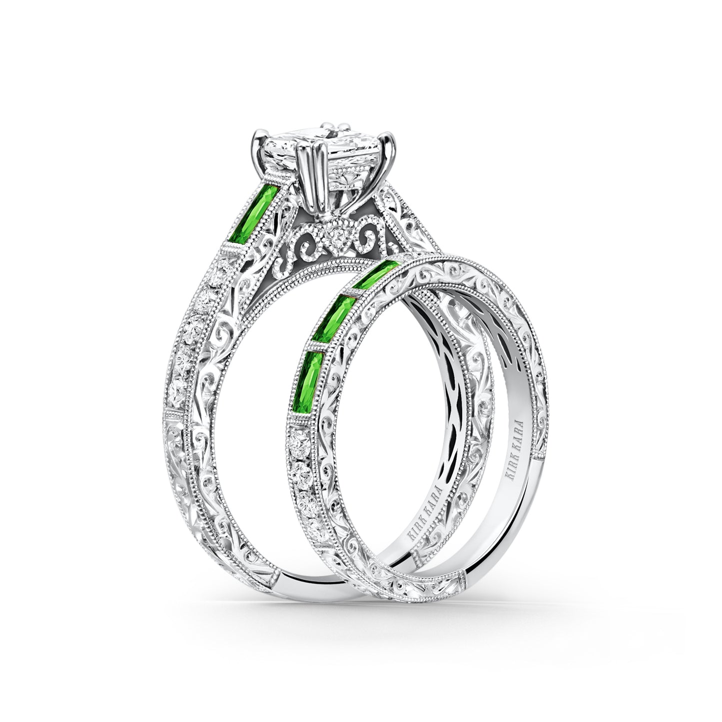 Baguette Engraved Tsavorite Diamond Wedding Band