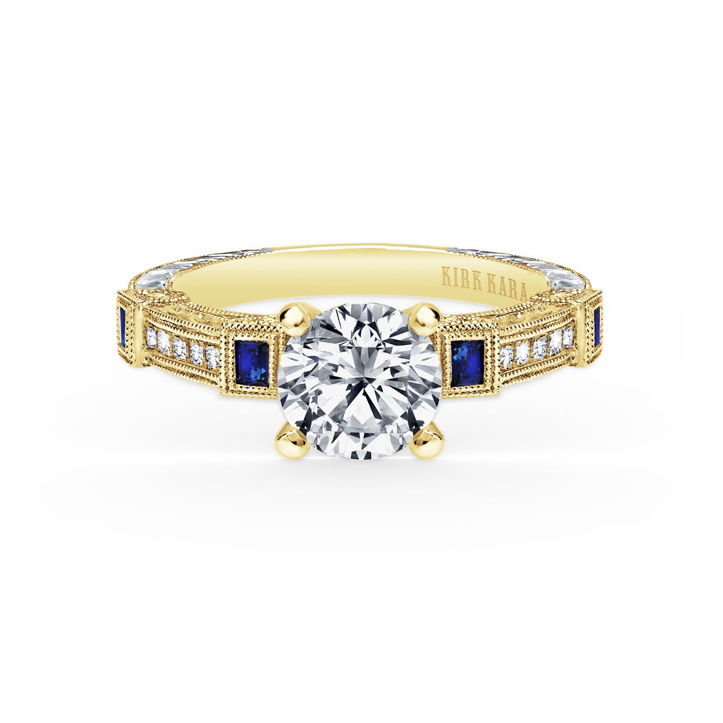 Modern Channel Set Engraved Blue Sapphire Diamond Engagement Ring