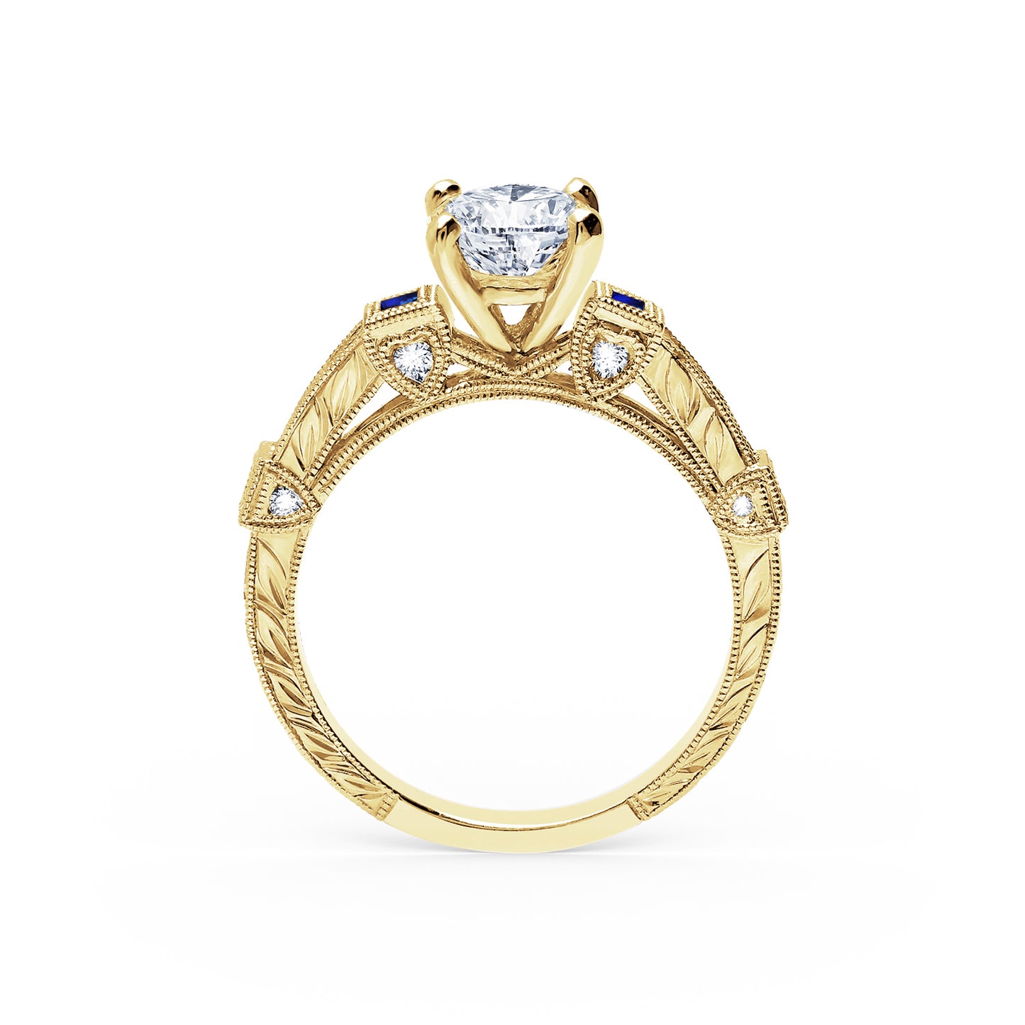 Modern Channel Set Engraved Blue Sapphire Diamond Engagement Ring