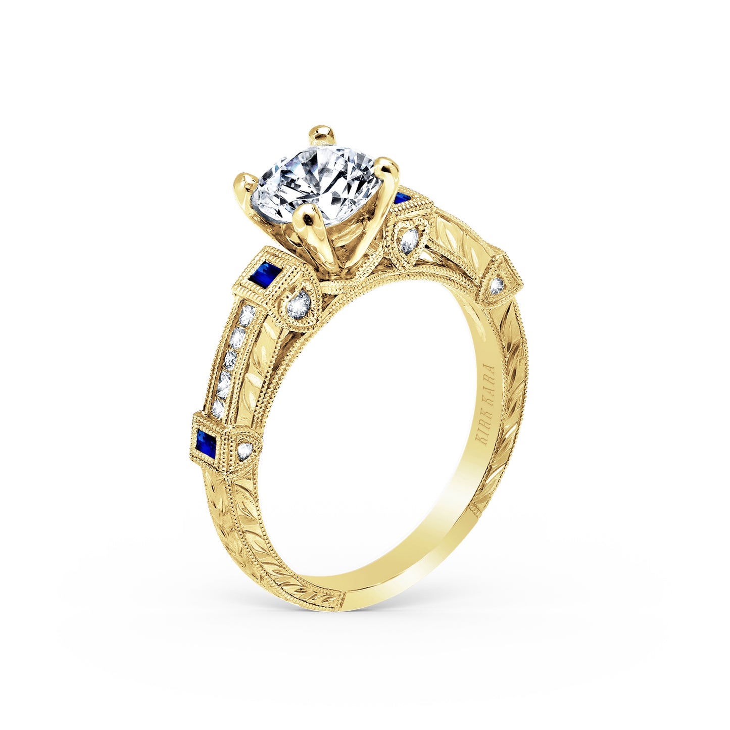 Modern Channel Set Engraved Blue Sapphire Diamond Engagement Ring