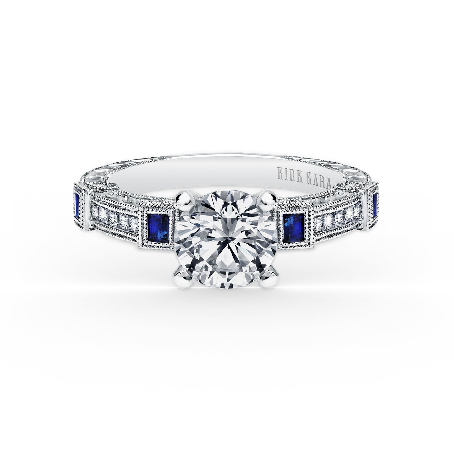 Modern Channel Set Engraved Blue Sapphire Diamond Engagement Ring