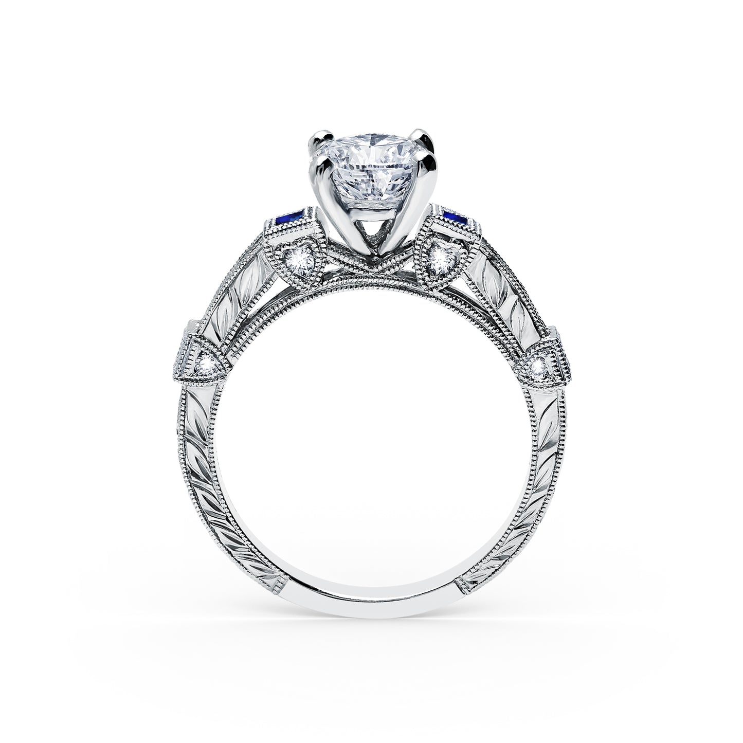 Modern Channel Set Engraved Blue Sapphire Diamond Engagement Ring