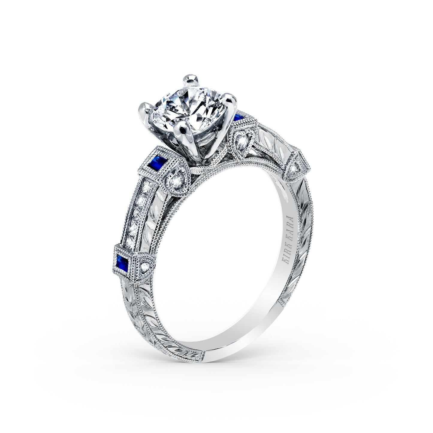Modern Channel Set Engraved Blue Sapphire Diamond Engagement Ring