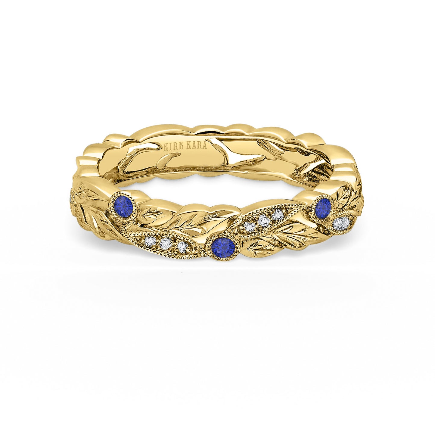 Hawaiian Floral Engraved Blue Sapphire Wedding Band