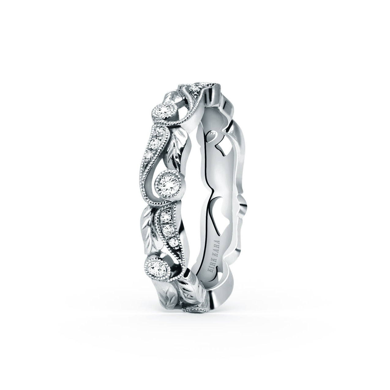 Diamond Floral Engraved Leaf Wedding Band
