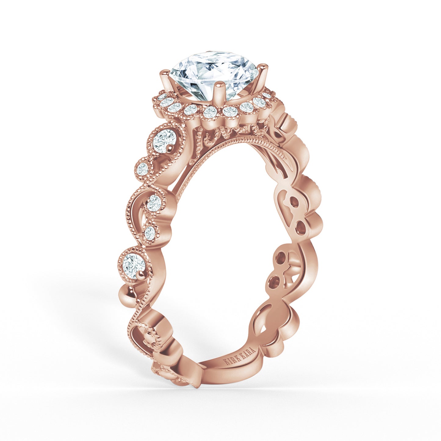 Lace Milgrain Scalloped Halo Diamond Engagement Ring