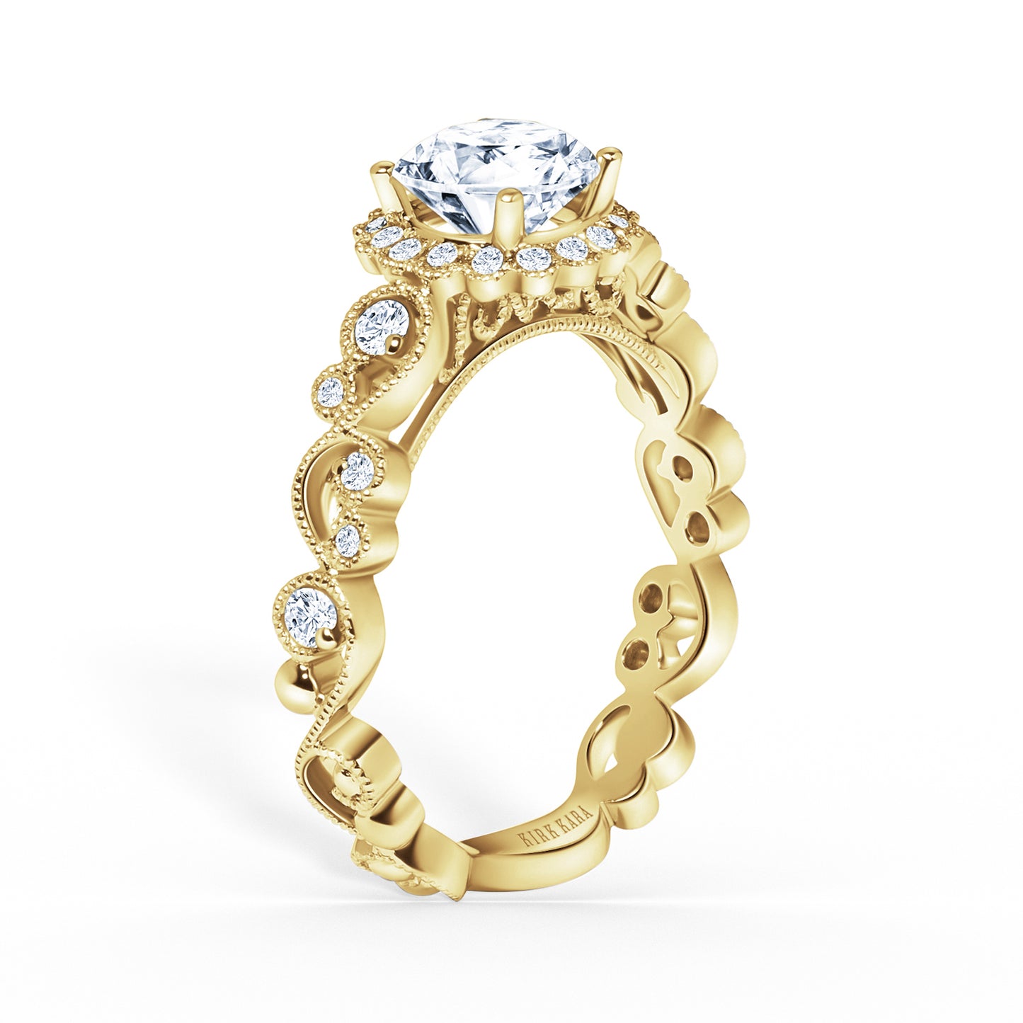 Lace Milgrain Scalloped Halo Diamond Engagement Ring
