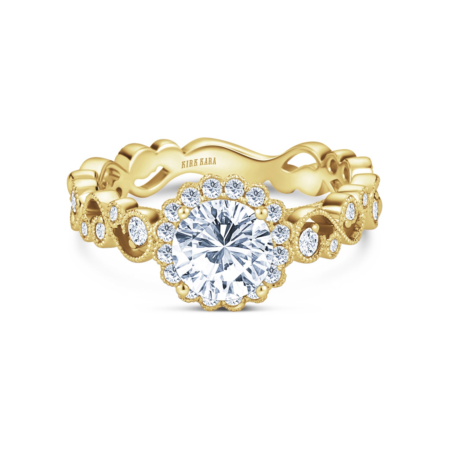 Lace Milgrain Scalloped Halo Diamond Engagement Ring