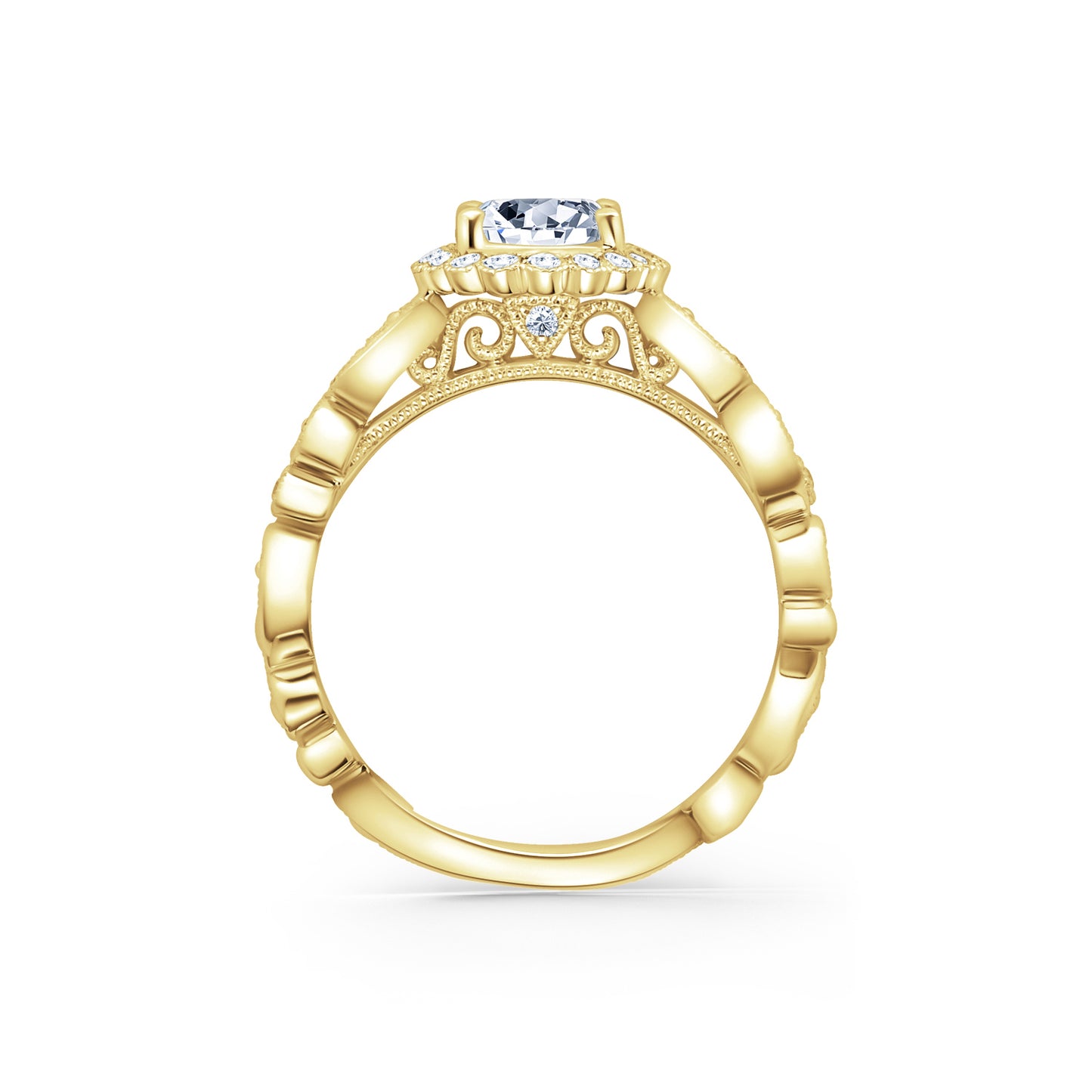 Lace Milgrain Scalloped Halo Diamond Engagement Ring