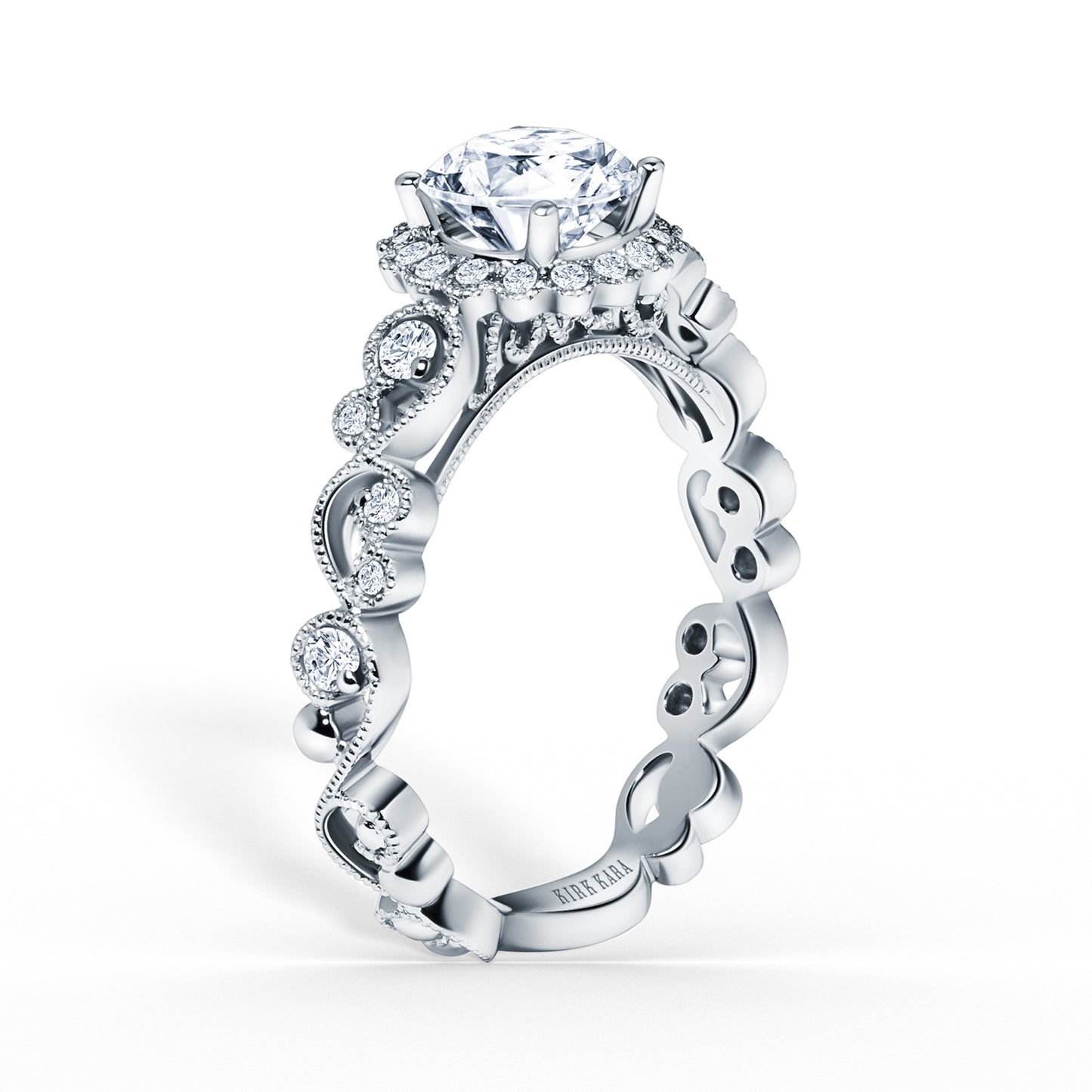Lace Milgrain Scalloped Halo Diamond Engagement Ring