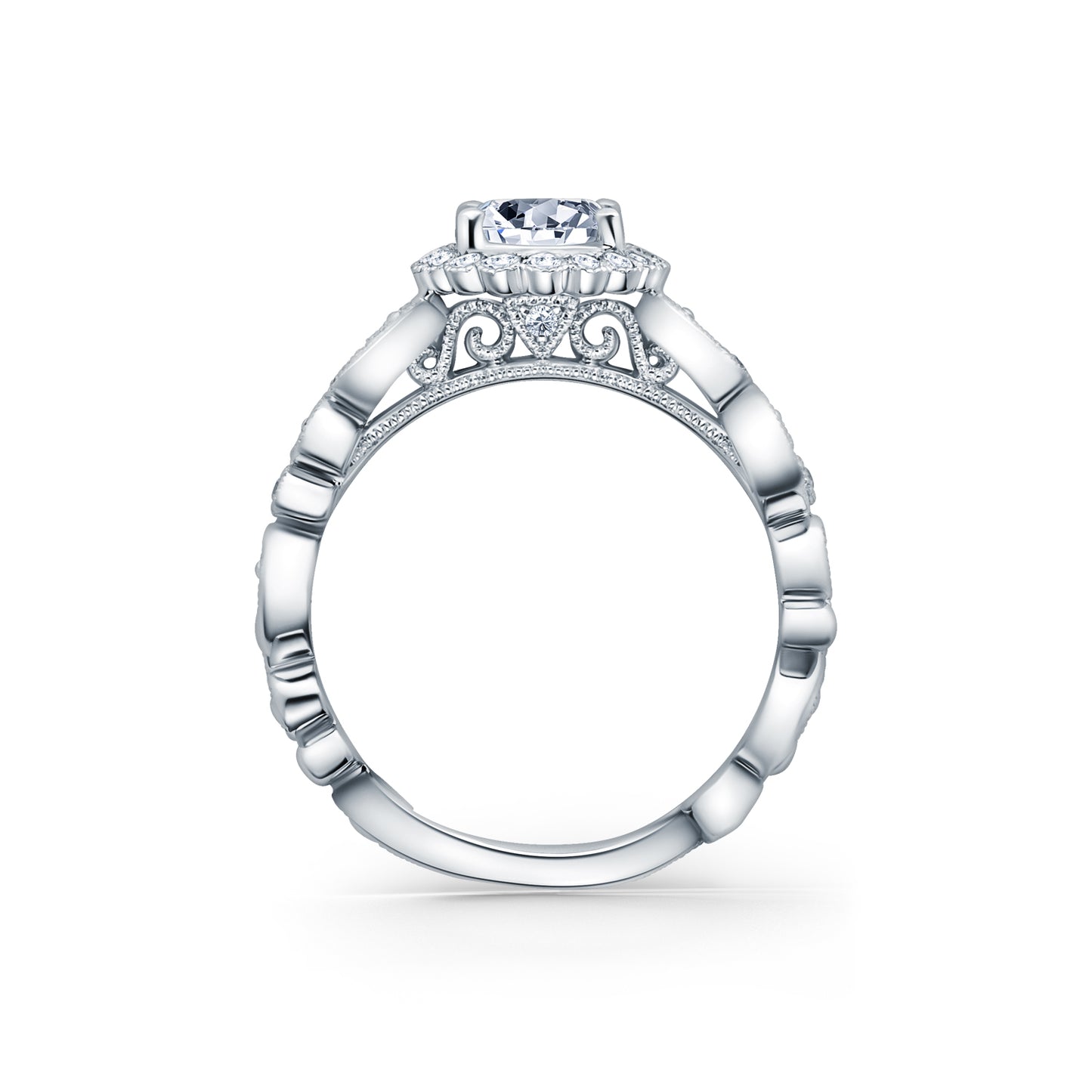 Lace Milgrain Scalloped Halo Diamond Engagement Ring