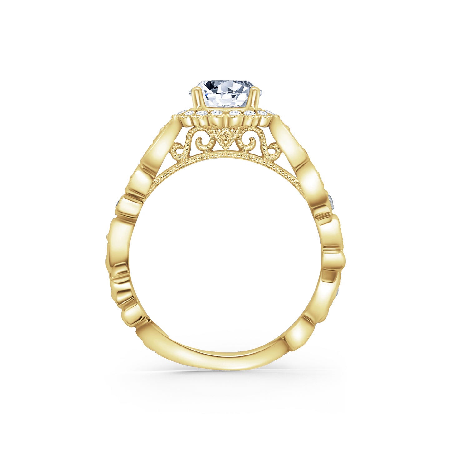 Lace Milgrain Scalloped Halo Diamond Engagement Ring