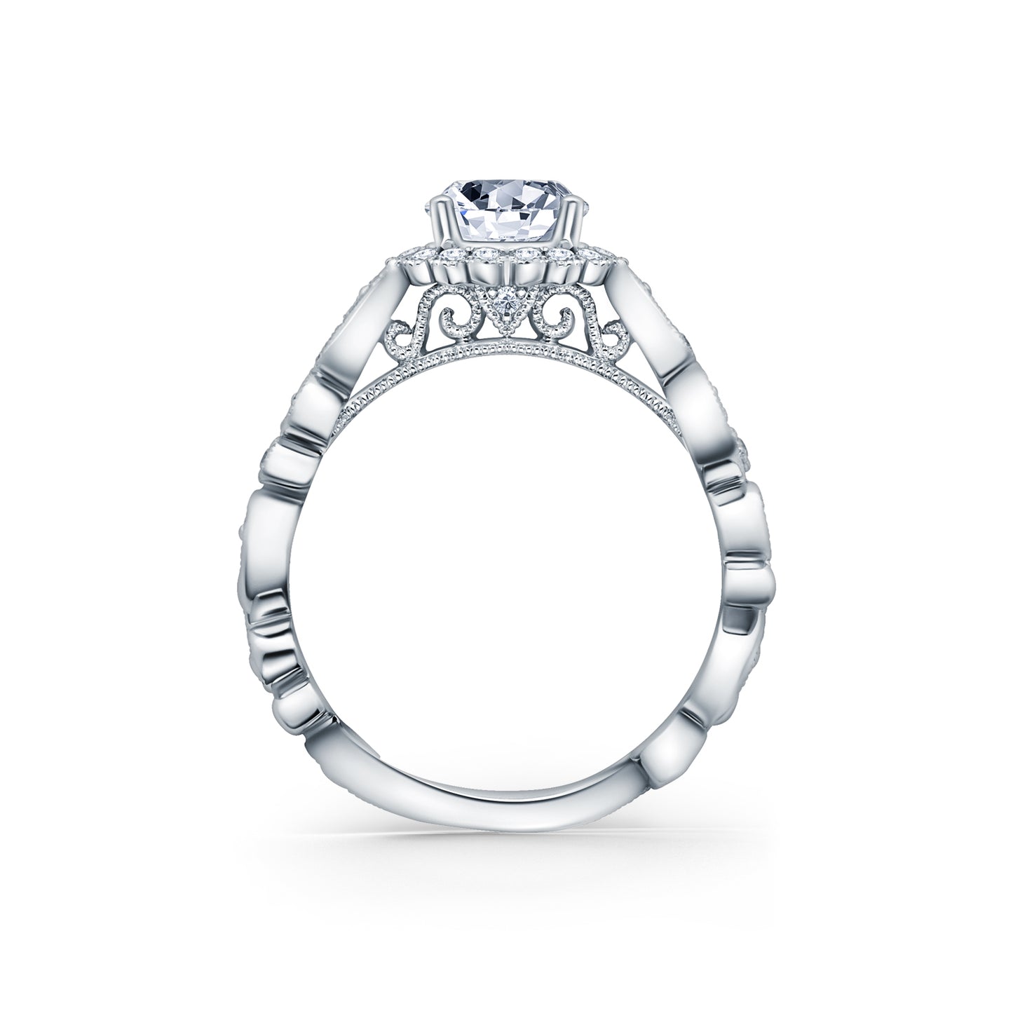 Lace Milgrain Scalloped Halo Diamond Engagement Ring