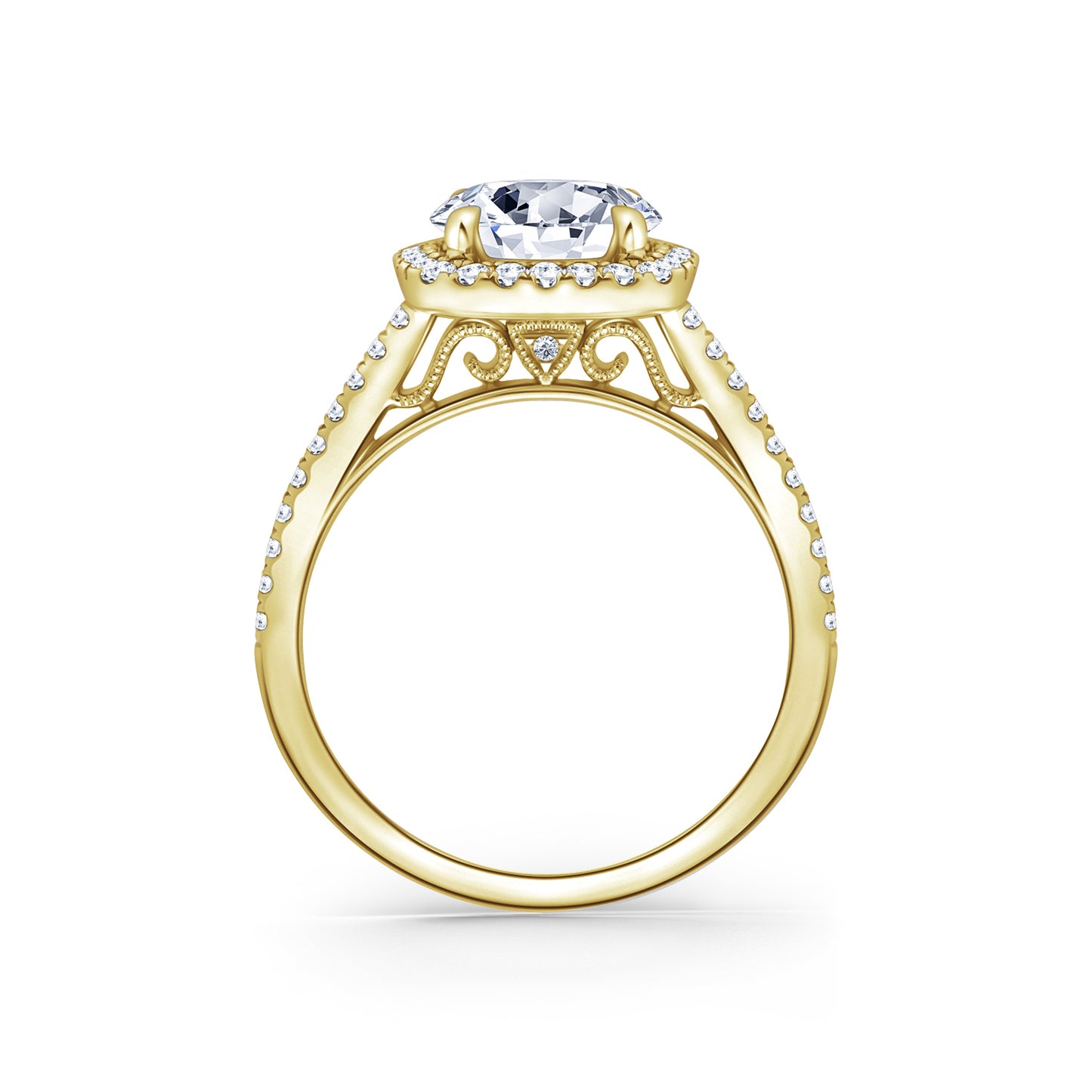 Classic Prong Set Halo Diamond Shank Engagement Ring