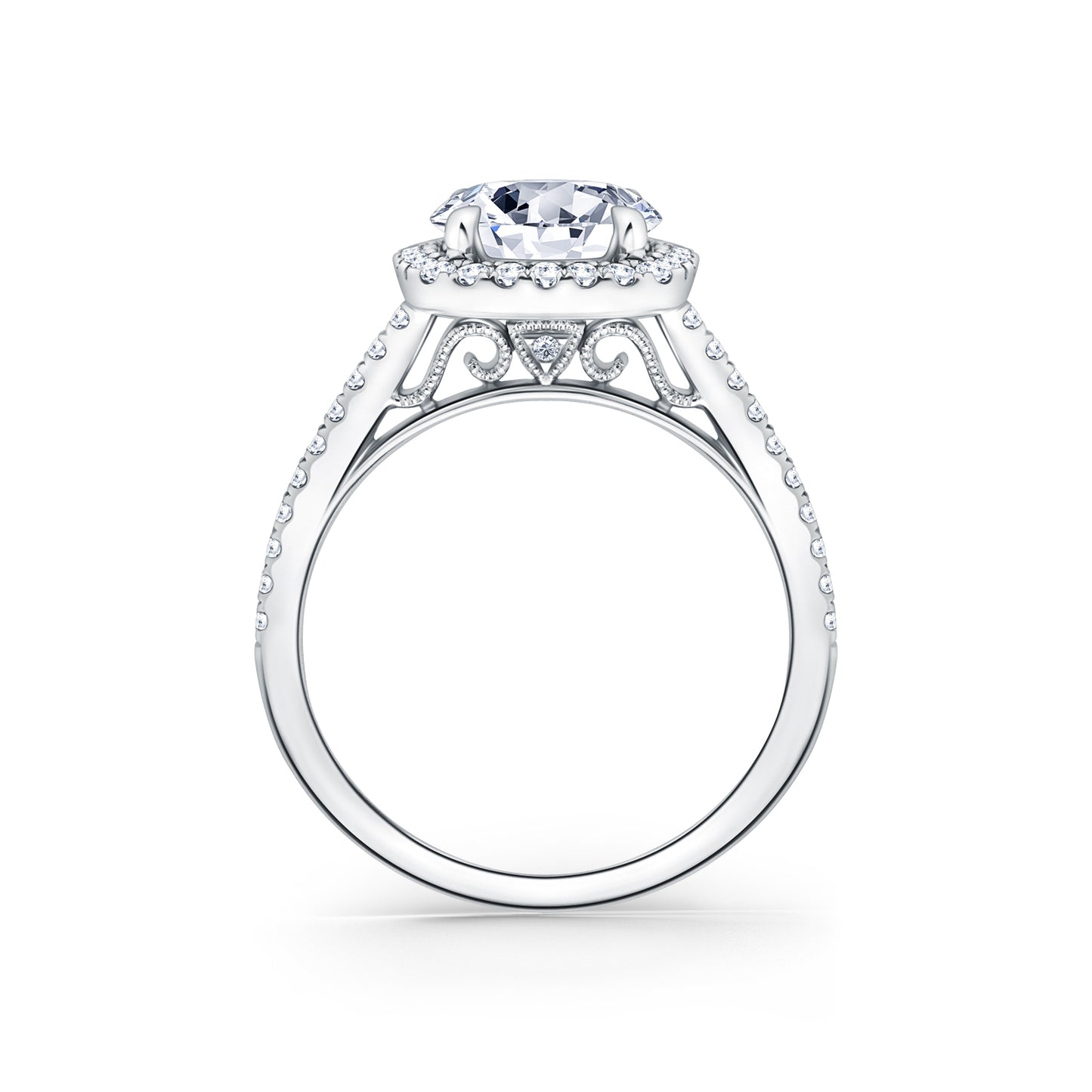 Classic Prong Set Halo Diamond Shank Engagement Ring