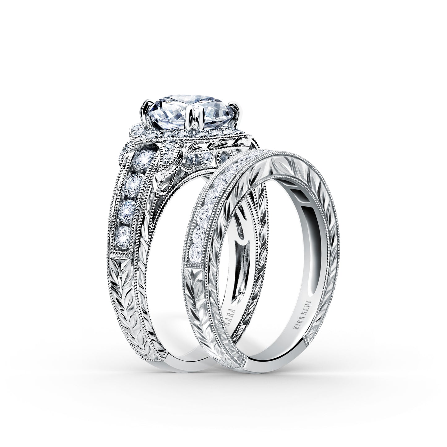 Halo Engraved Channel Set Milgrain Diamond Engagement Ring
