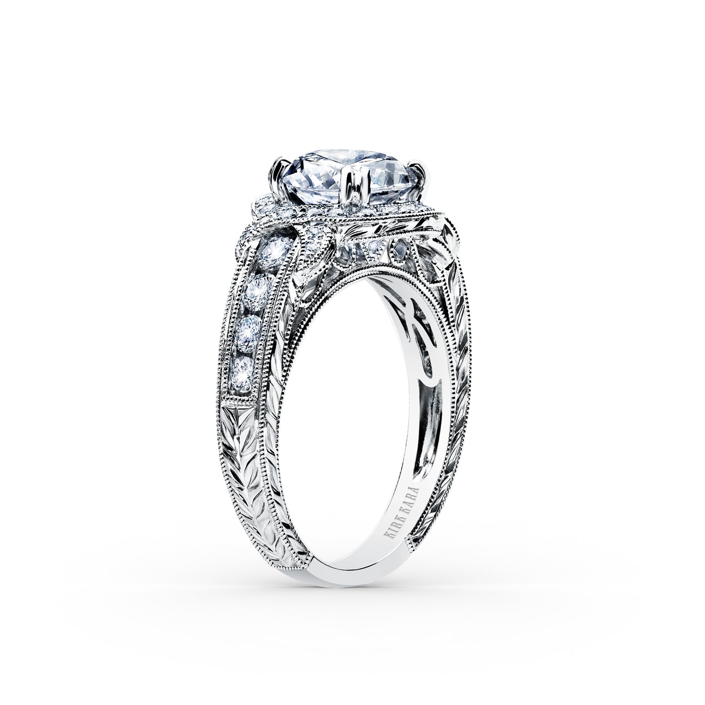 Halo Engraved Channel Set Milgrain Diamond Engagement Ring