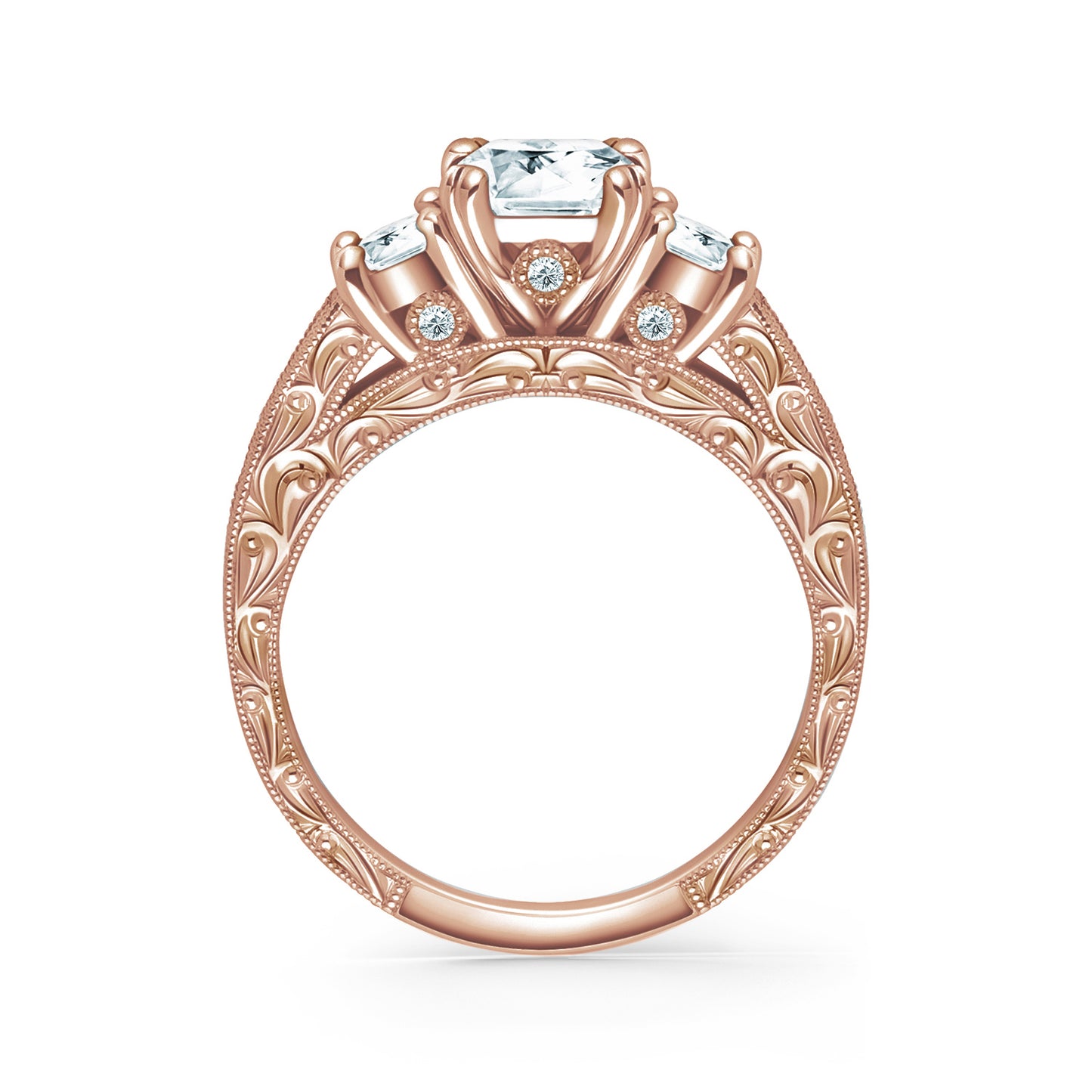 Three Stone Engraved Baguette Accent Diamond Engagement Ring