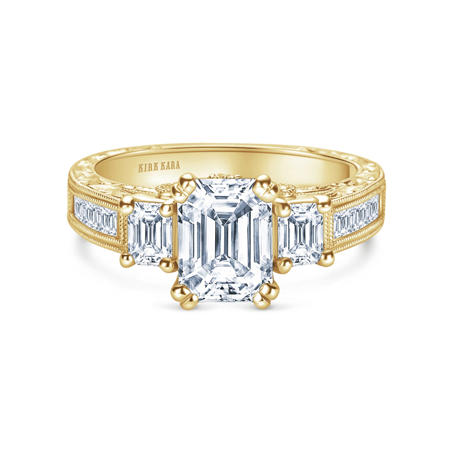 Three Stone Engraved Baguette Accent Diamond Engagement Ring