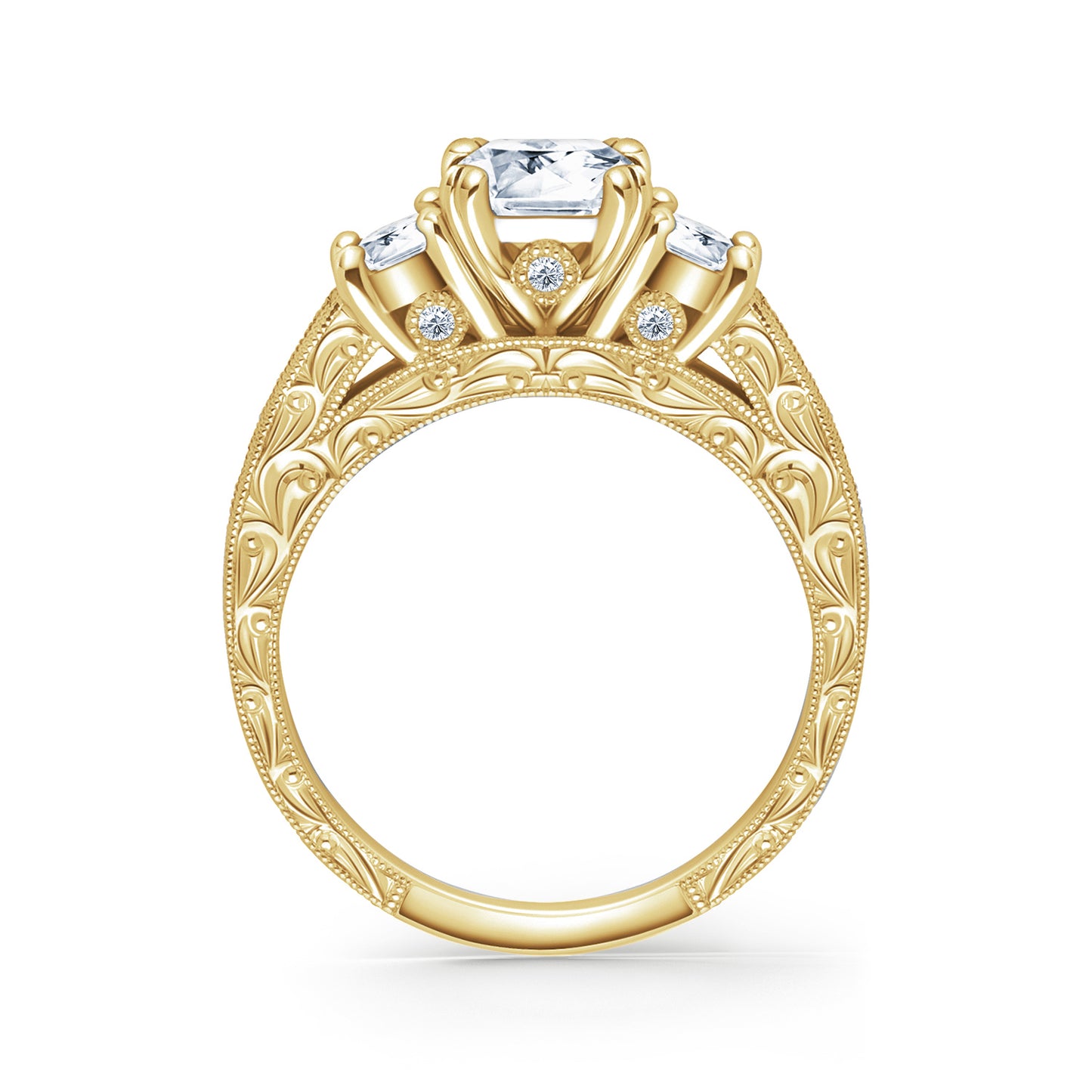Three Stone Engraved Baguette Accent Diamond Engagement Ring