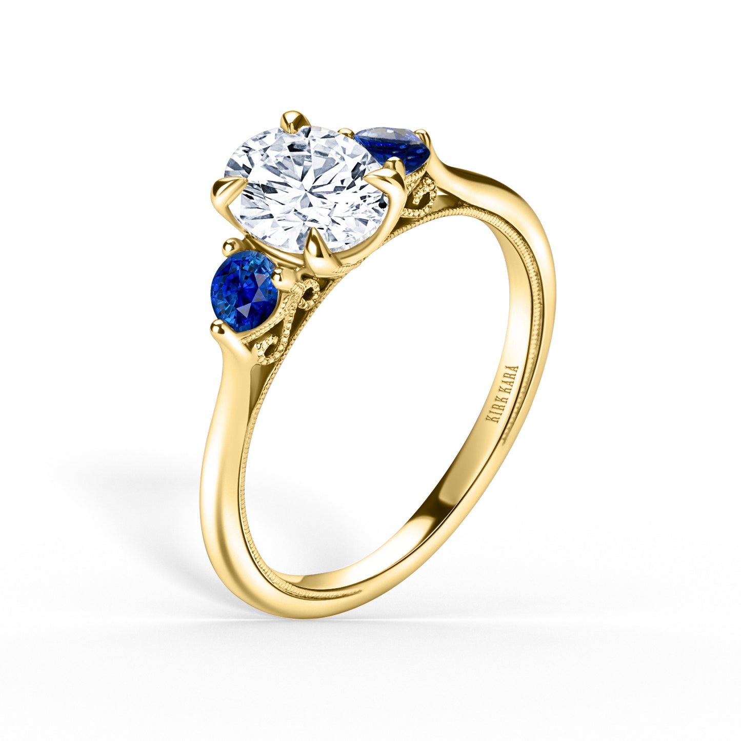 Three Stone Blue Sapphire Round Side Stone Engagement Ring