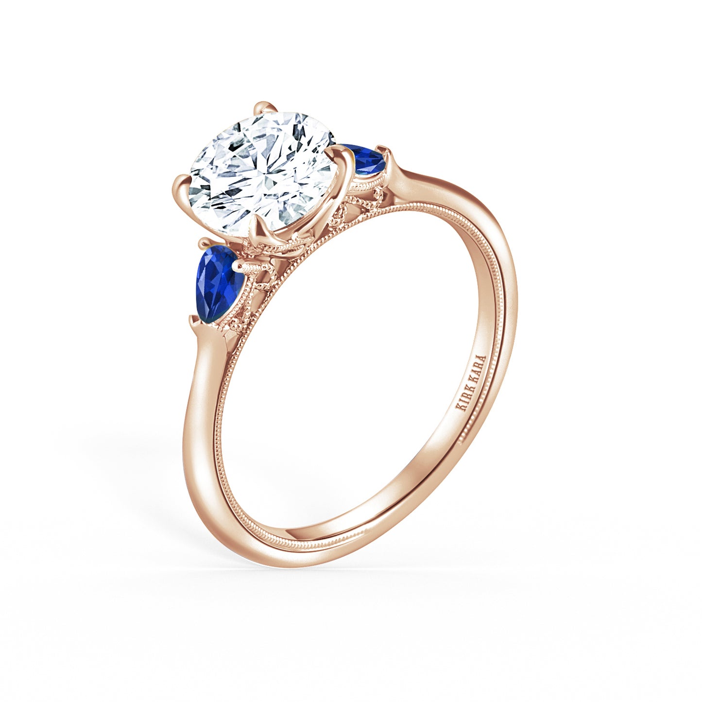Three Stone Blue Sapphire Pear Side Stone Engagement Ring