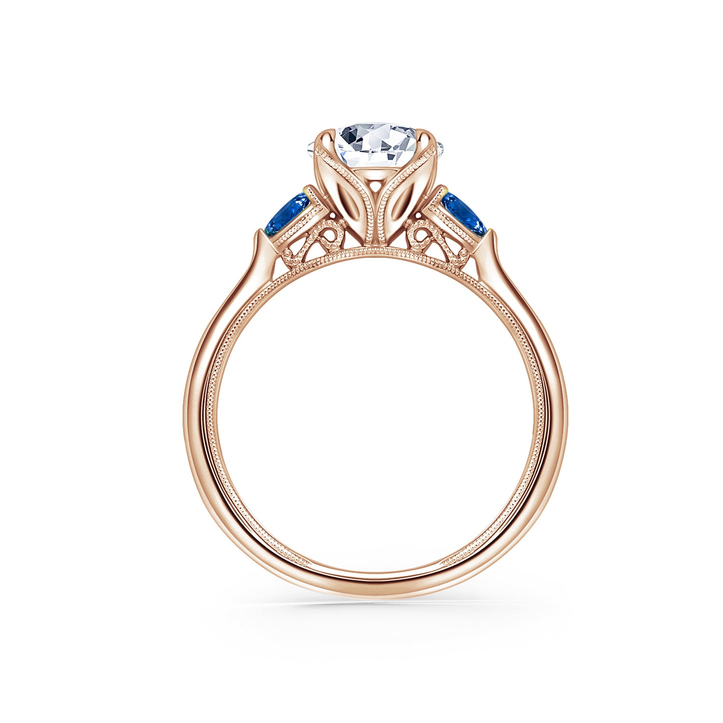 Three Stone Blue Sapphire Pear Side Stone Engagement Ring