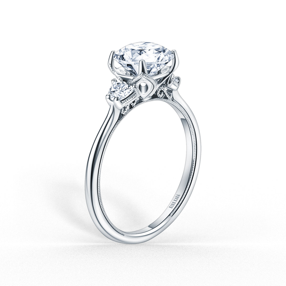 Three Stone Half Moon Side Stone Diamond Engagement Ring – Kirk Kara