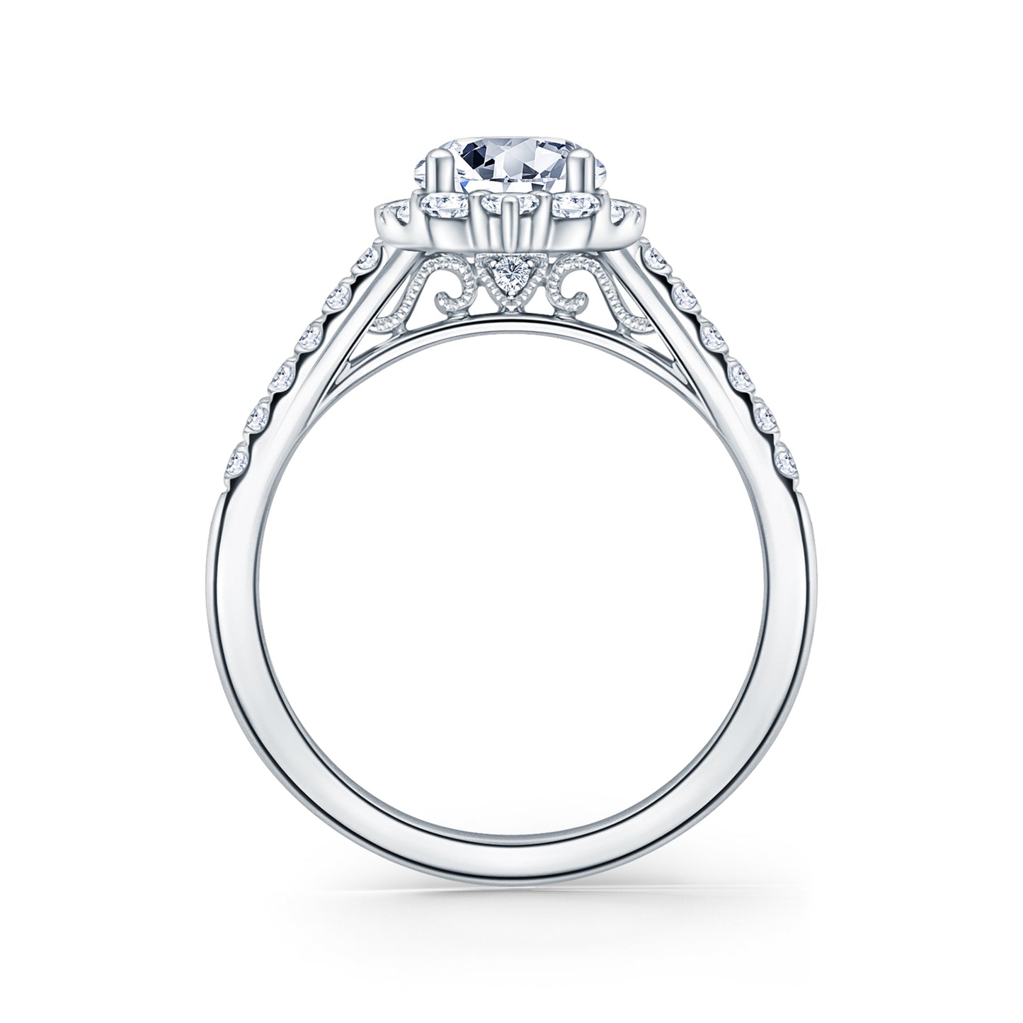 Elegant Emerald Graduated Halo Diamond Engagement Ring