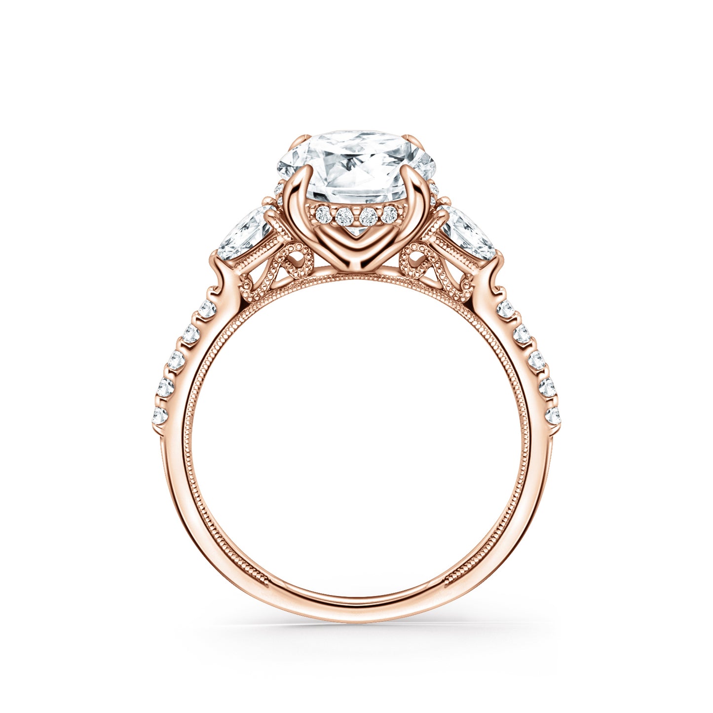 Three Stone Pear Hidden Halo Diamond Accent Engagement Ring