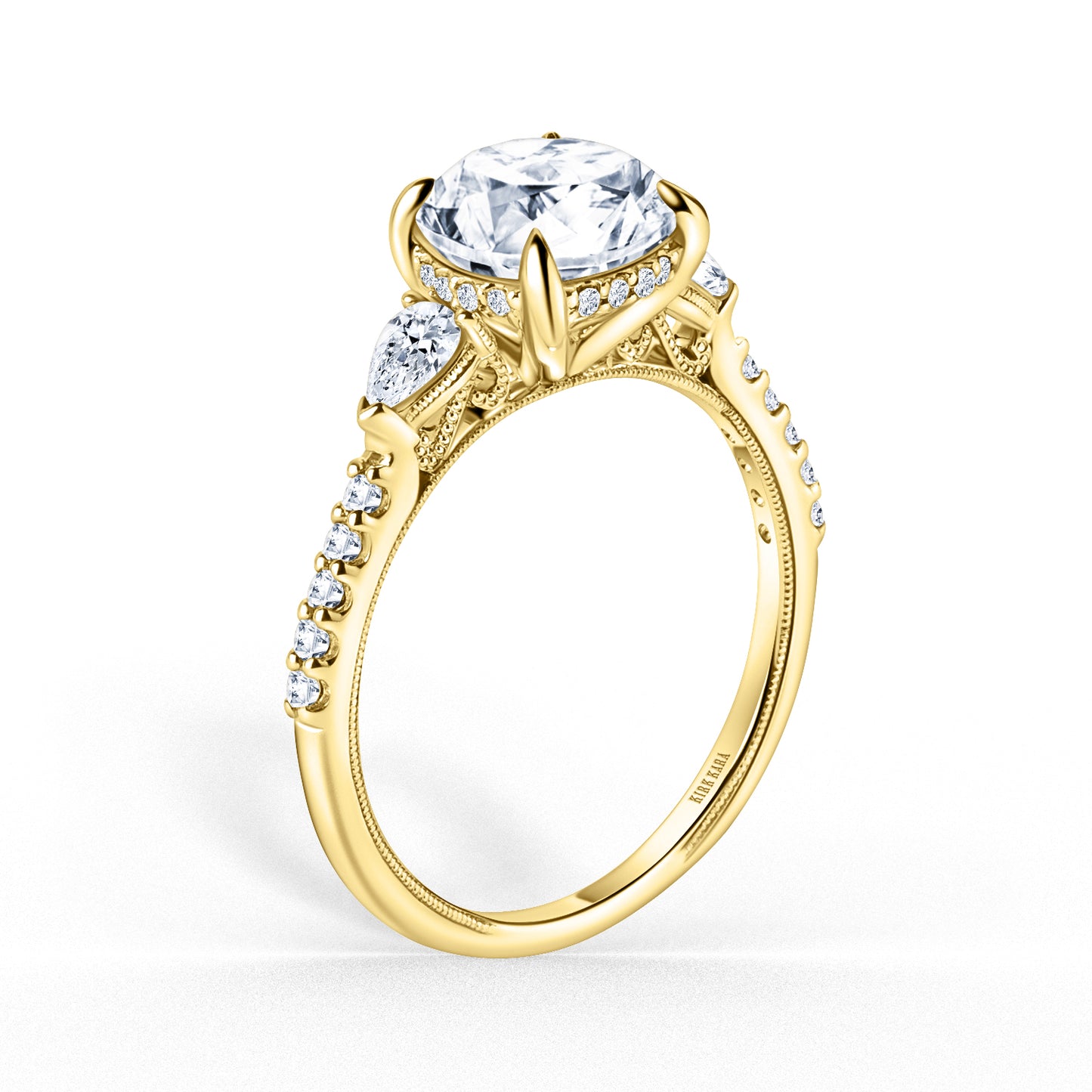 Three Stone Pear Hidden Halo Diamond Accent Engagement Ring