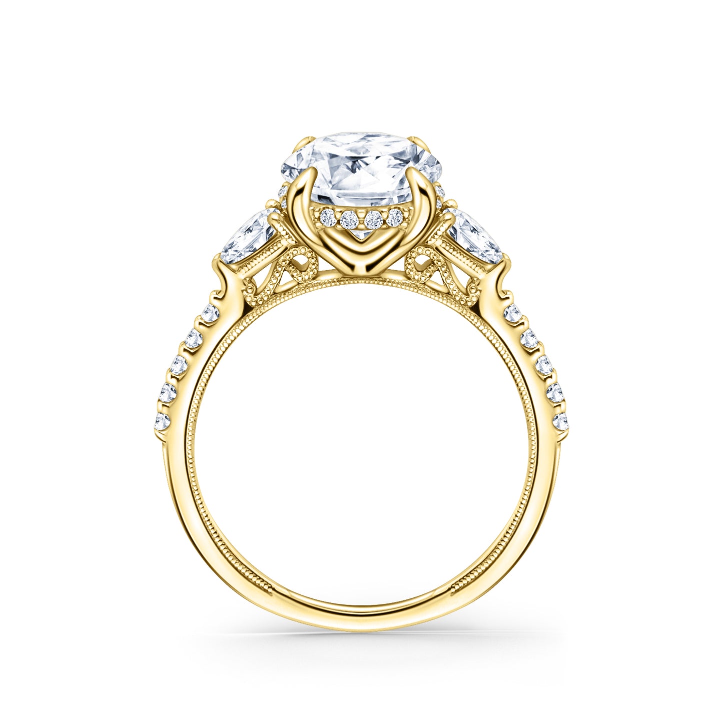 Three Stone Pear Hidden Halo Diamond Accent Engagement Ring
