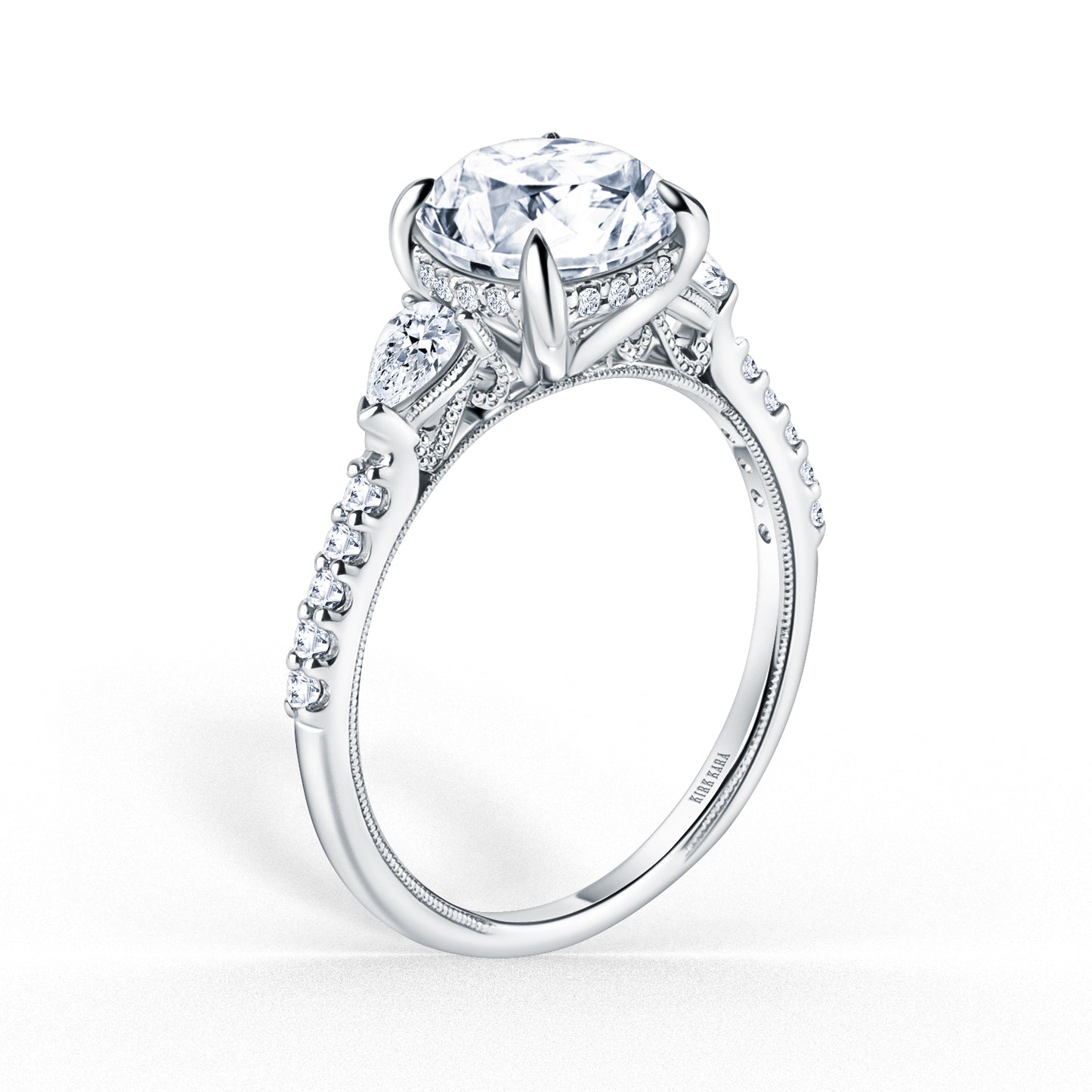 Three Stone Pear Hidden Halo Diamond Accent Engagement Ring