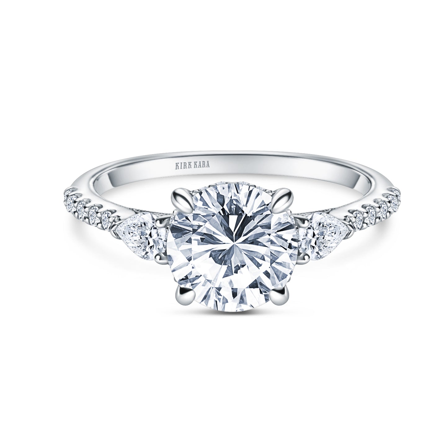Three Stone Pear Hidden Halo Diamond Accent Engagement Ring