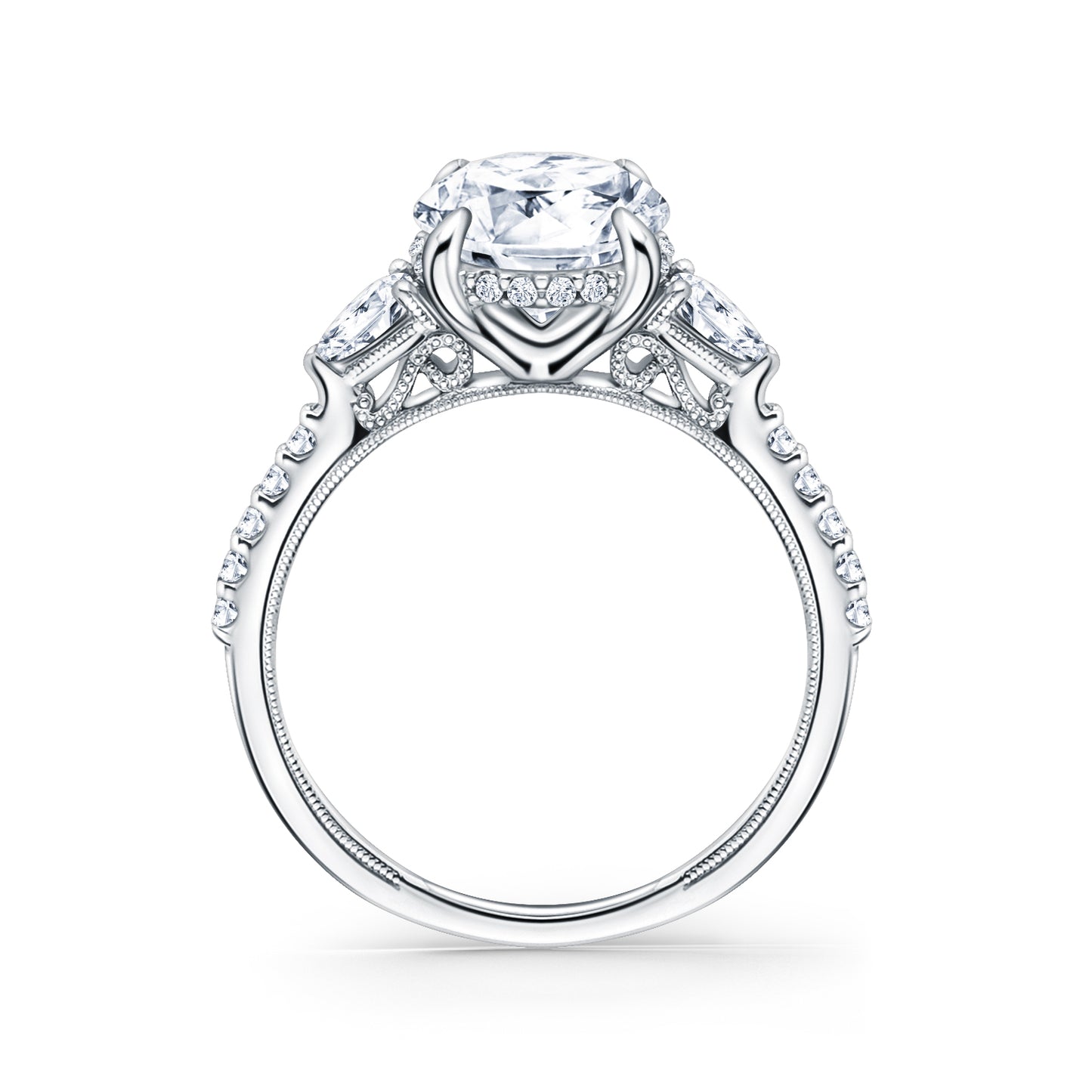 Three Stone Pear Hidden Halo Diamond Accent Engagement Ring