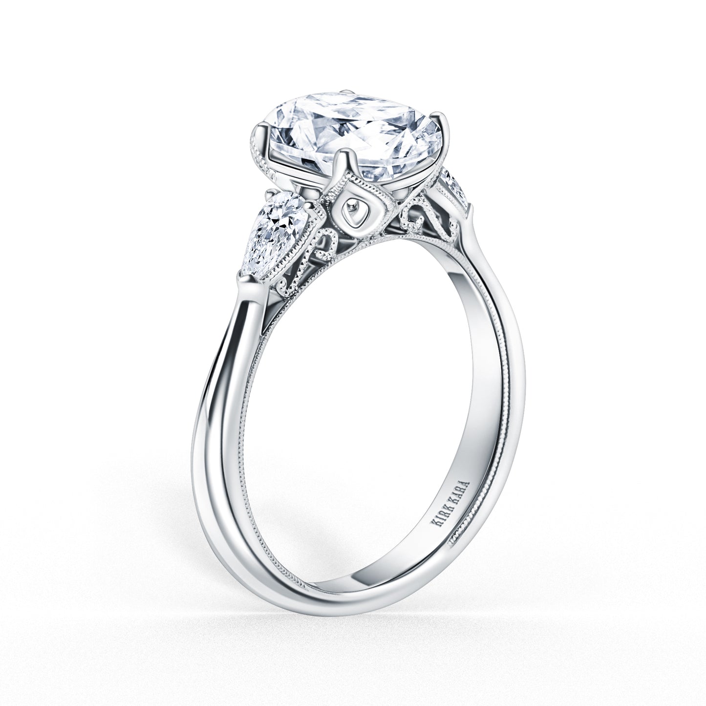 Wide Three Stone Pear Side Stone Diamond Engagement Ring