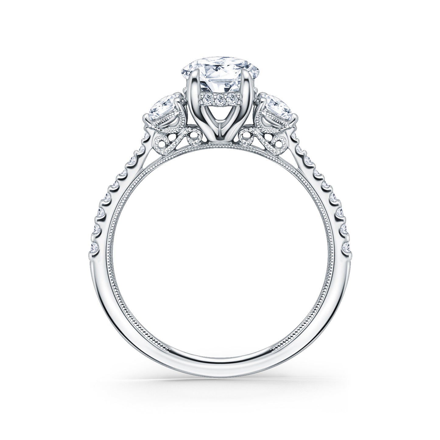 Three Stone Round Hidden Halo Diamond Engagement Ring