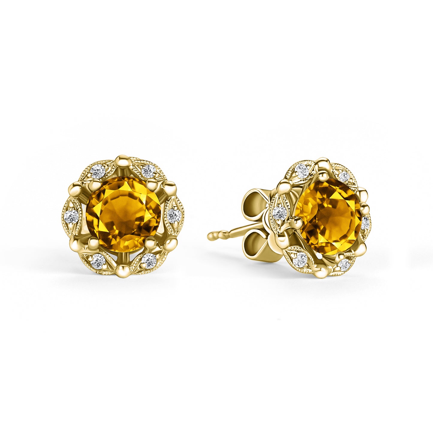 Delicate Floral Citrine Diamond Stud Earrings