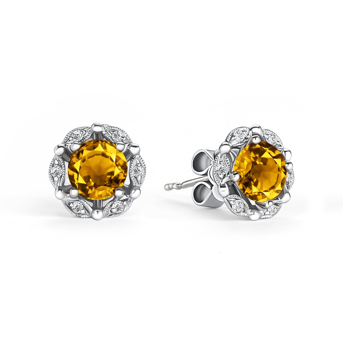 Delicate Floral Citrine Diamond Stud Earrings