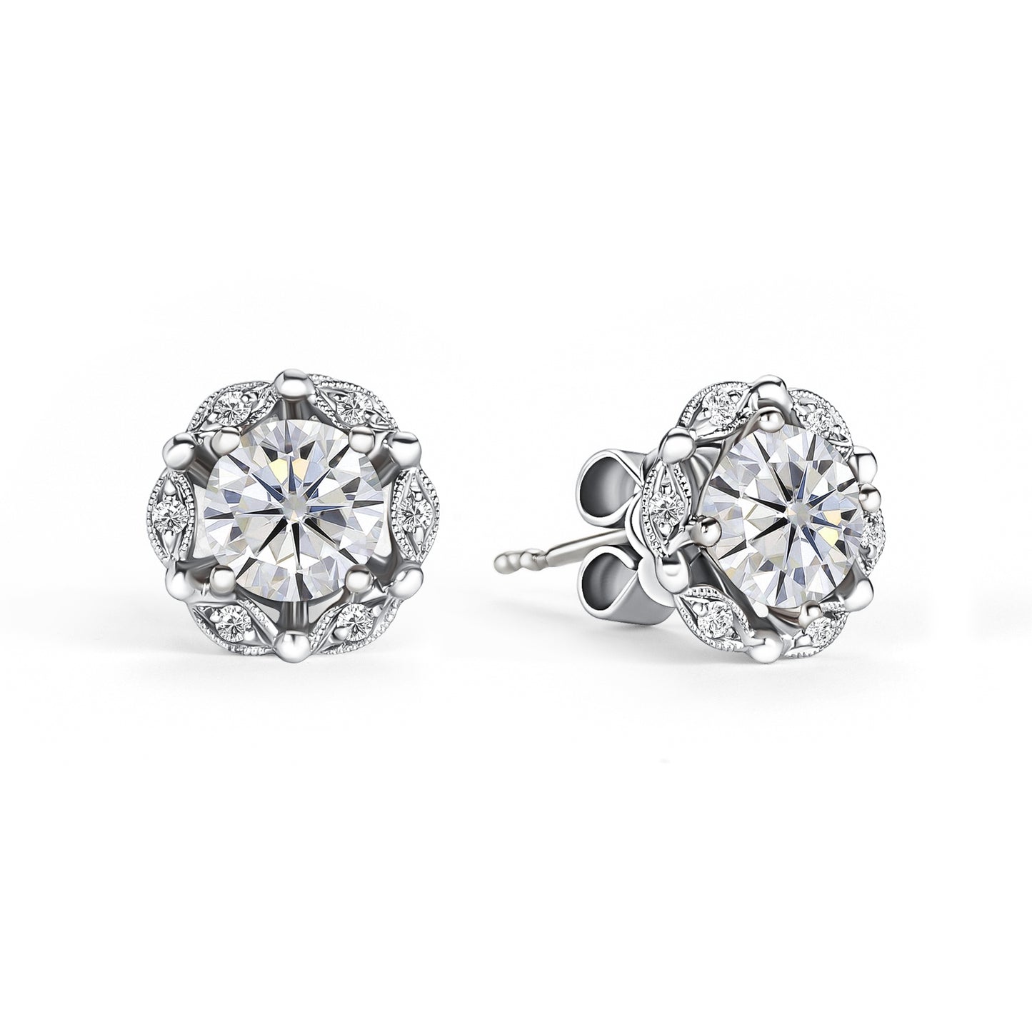 Delicate Floral White Moissanite Diamond Stud Earrings