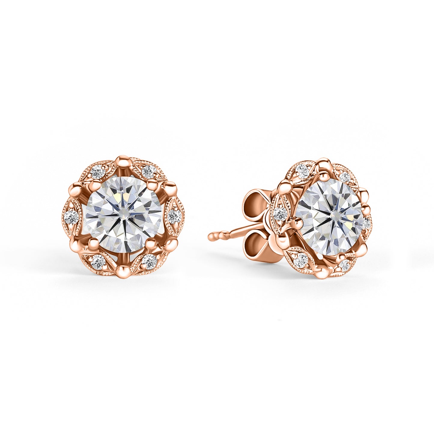 Delicate Floral White Moissanite Diamond Stud Earrings
